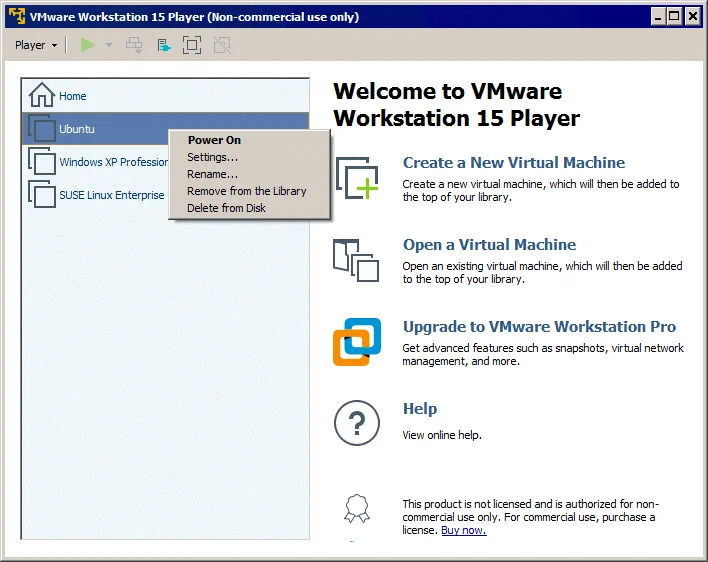 eEl graphical user interface of VMware Player