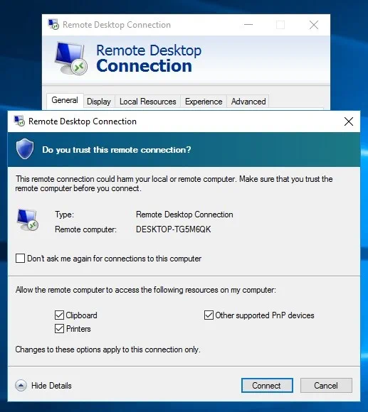 Confiar en la conexión remota (Hyper-V USB Passthrough)