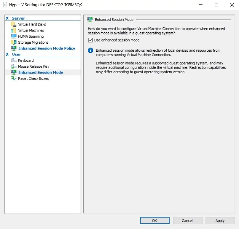 Utilizar el modo de sesión mejorado (Hyper-V USB Passthrough)