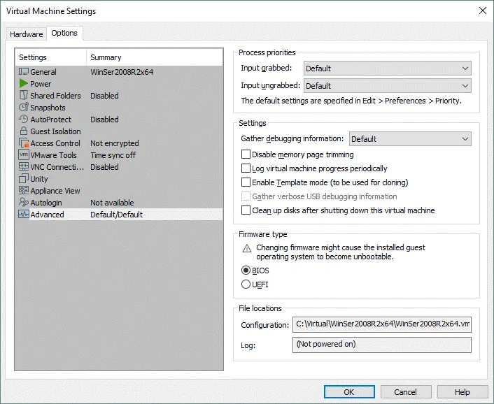 eVirtual machine settings in VMware Workstation Pro