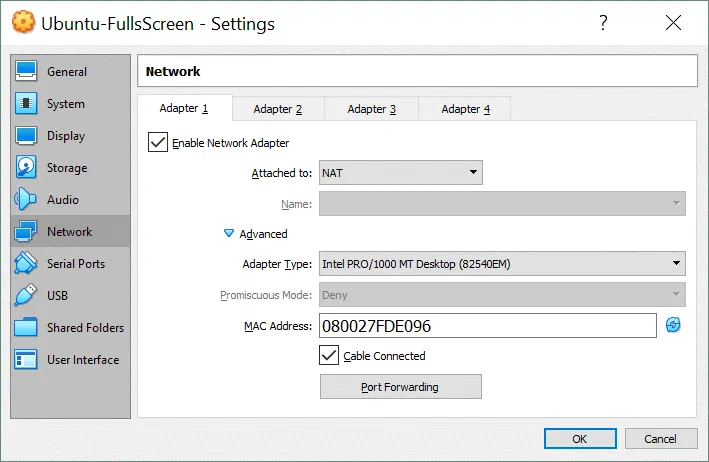 Ajustes de red de VirtualBox para el adaptador 1