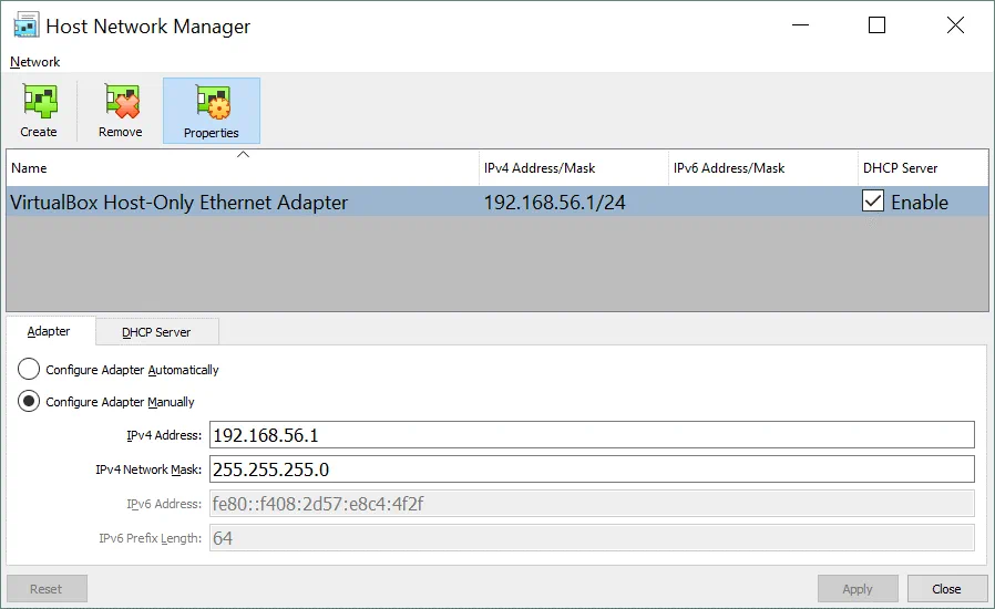 Ajustes de red de VirtualBox - configuración de la red Host-Only