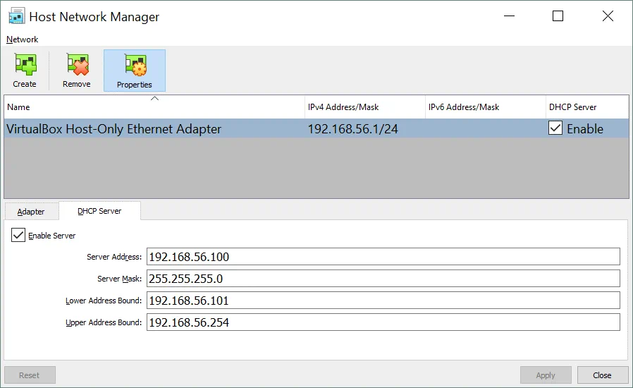 Ajustes de red de VirtualBox - configuración de un servidor DHCP para una red Host-Only