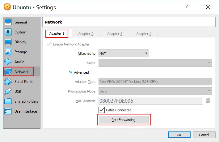 Ajustes de red de VirtualBox - configuración del reenvío de puertos para el modo NAT