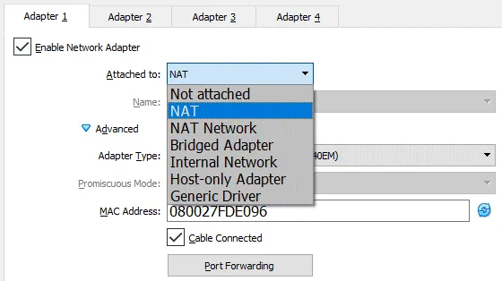 Ajustes de red de VirtualBox - selección de un modo de red para el adaptador de red virtual