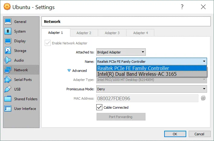 Ajustes de red de VirtualBox - selección de un adaptador para el modo de red Bridged
