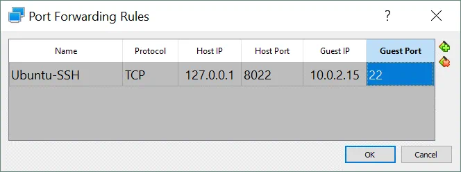Ajustes de red de VirtualBox: se crea la regla de reenvío de puertos SSH.