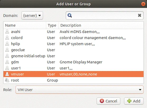 Añadir un usuario para aplicar los permisos de acceso a VMs compartidas en VMware Workstation Server.