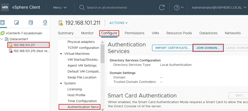 Un host ESXi está listo para unirse al dominio para cambiar una contraseña ESXi para root.