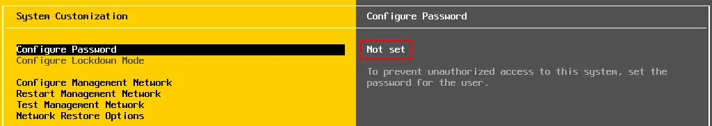 No se ha establecido una contraseña de ESXi para el usuario.