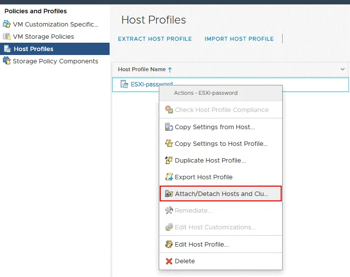 Adjuntar el perfil de host al host ESXi cuya contraseña ESXi debe cambiarse.