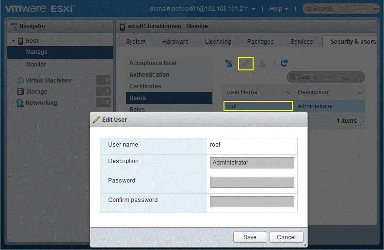 Cambio de una contraseña ESXi para root después de iniciar sesión con credenciales de dominio.