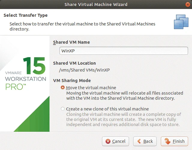 Elección del tipo de transferencia para la VM a compartir en VMware Workstation Server.