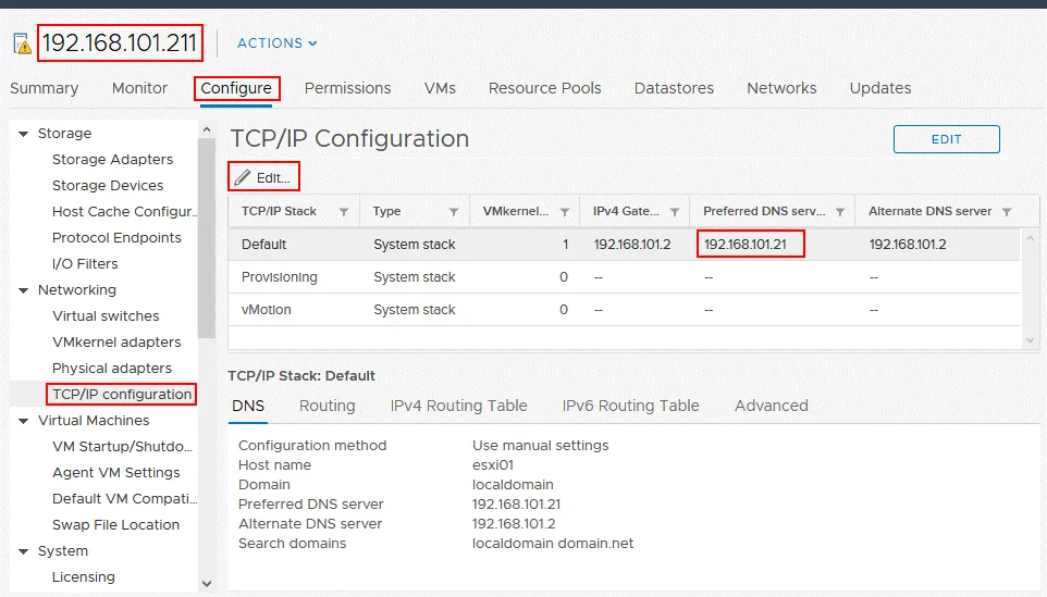 Configuración de las opciones del servidor DNS para el host ESXi cuya contraseña debe restablecerse.