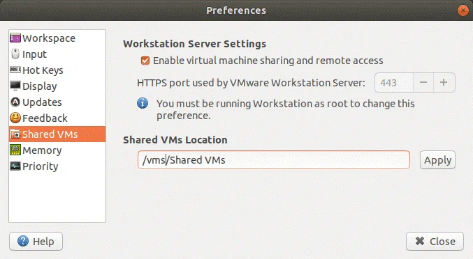 Configuración de la ubicación de VMs compartidas para VMware Workstation Server.