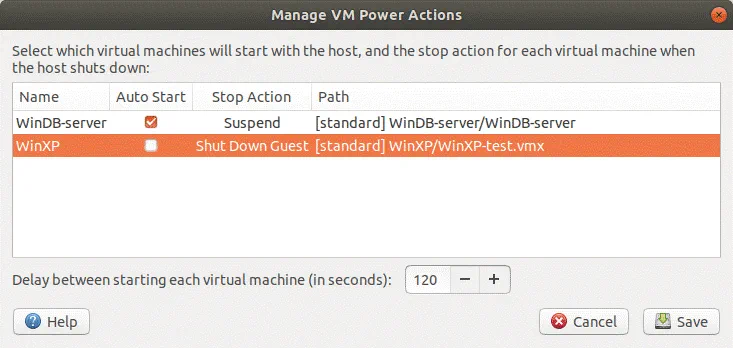 Configuración del inicio automático de VMs en VMware Workstation Server.