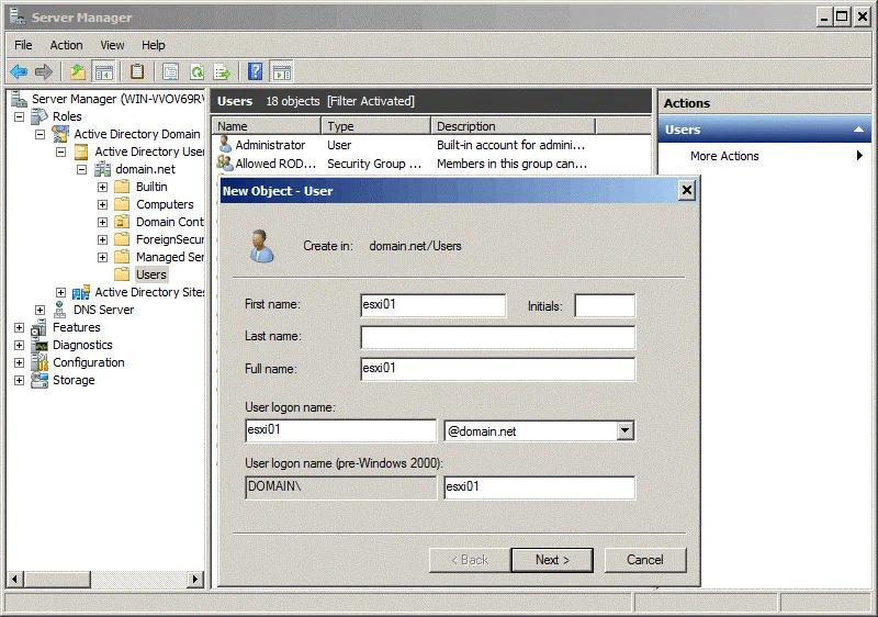 Creación de un nuevo usuario en Active Directory para seguir cambiando la contraseña de ESXi para root.