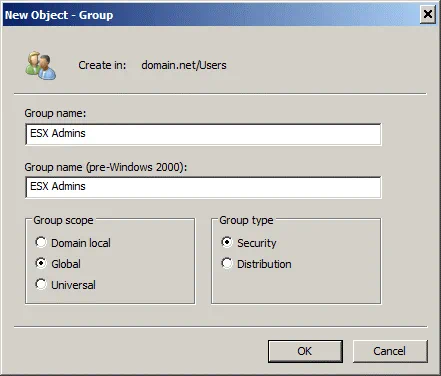 Creación del grupo ESX Admins en Active Directory para la autenticación sin utilizar una contraseña e inicio de sesión de ESXi.
