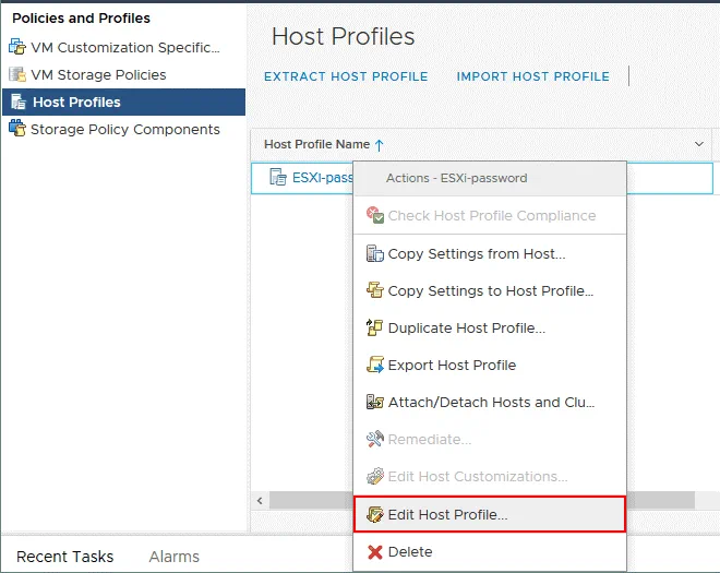 Editar un perfil de host para cambiar la contraseña olvidada de ESXi para el usuario root.