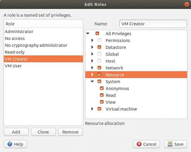 Edición de roles en VMware Workstation Server.