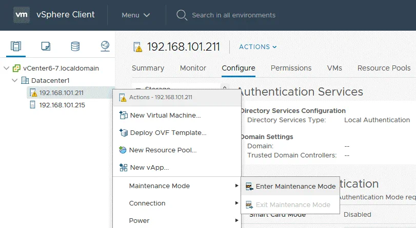 Entrar en un host ESXi en modo de mantenimiento antes de remediar y cambiar la contraseña ESXi.