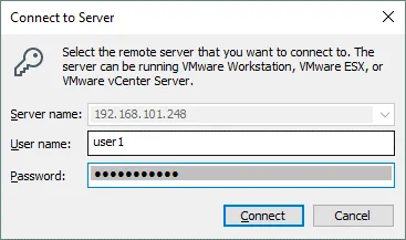 Introducción de credenciales para conectarse a VMware Workstation Server.