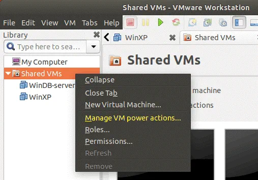 Gestión de acciones de energía de VM en VMware Workstation Server.