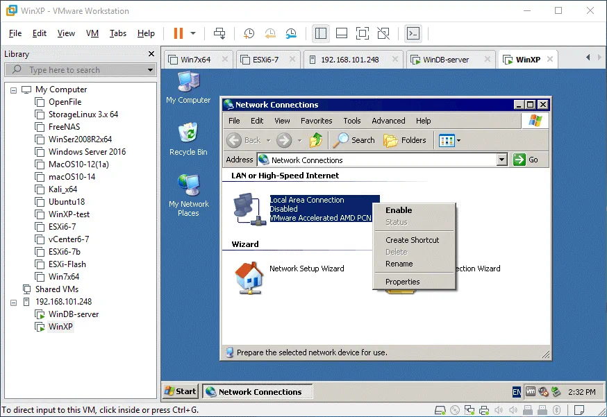 Gestión de una máquina virtual remota que se ejecuta en VMware Workstation Server a través de la red cuando un adaptador de red de la máquina virtual está deshabilitado.