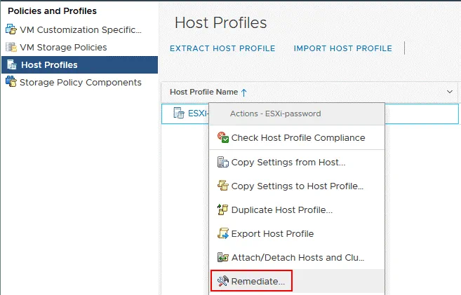 Remedie el host ESXi con el perfil de host que contiene los nuevos ajustes de contraseña de ESXi.