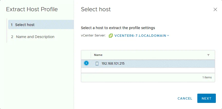 Seleccionar un host, cuya contraseña ESXi se conoce, para extraer el perfil de host.