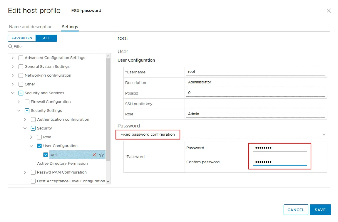 Establecer una nueva contraseña ESXi para el usuario root en el perfil de host VMware.