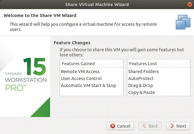 Asistente para compartir VMs en VMware Workstation Server.
