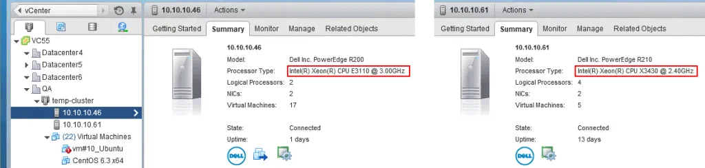 Checking the processor models on ESXi hosts before enabling the EVC mode