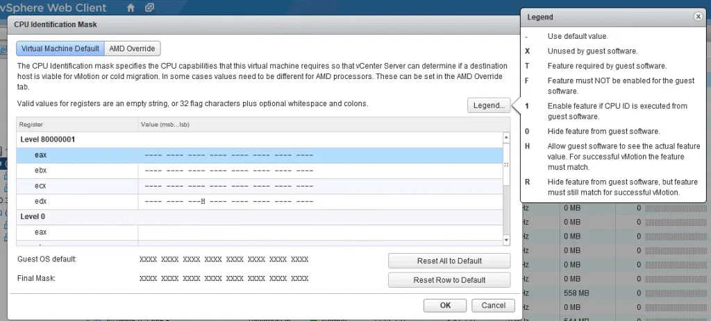Editing the CPU Identification Mask in the VM settings