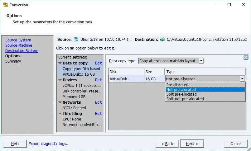 VMware Converter_selecting a virtual disk type for the destination VMware Workstation VM