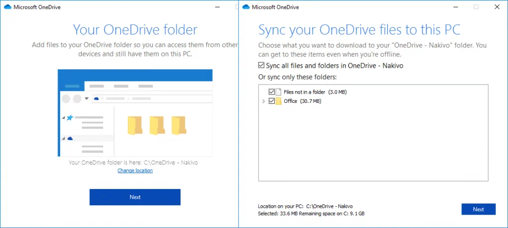 Selecting a local folder to store and synchronized OneDrive files before configuring the OneDrive backup