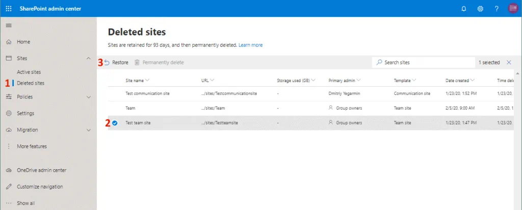 Recovery of deleted sites from a site collection recycle bin in Office 365 SharePoint admin center