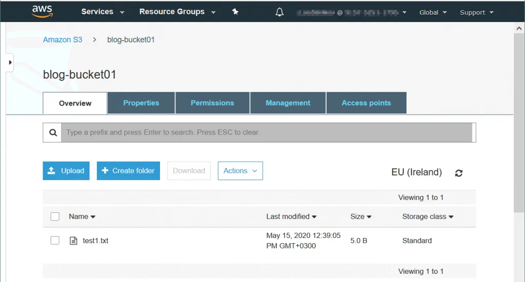 A text file is uploaded to the S3 bucket in the web interface