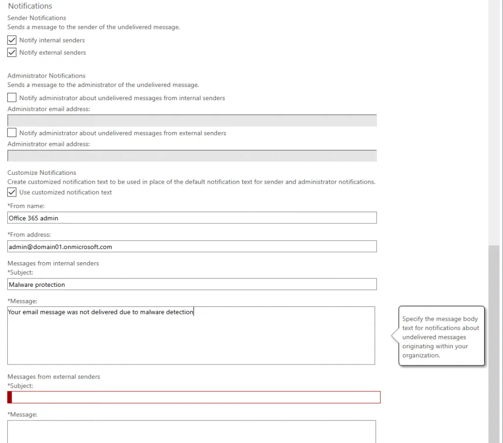 Configuring notifications for malware protection in Office 365