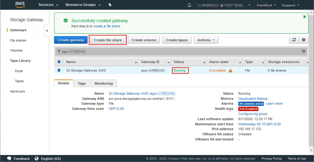 Creating a file share on the Storage Gateway AWS