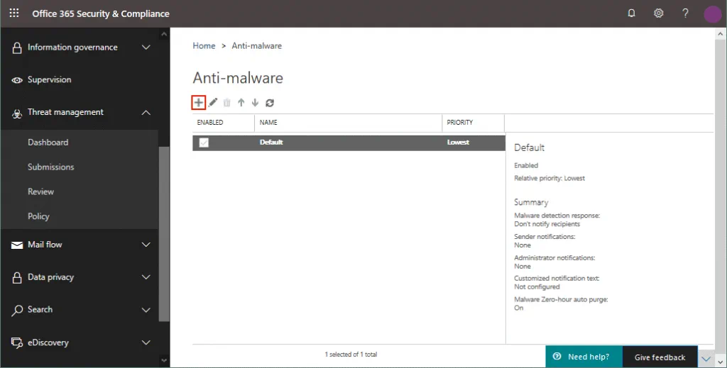 Creating a new Office anti-malware policy for malware protection