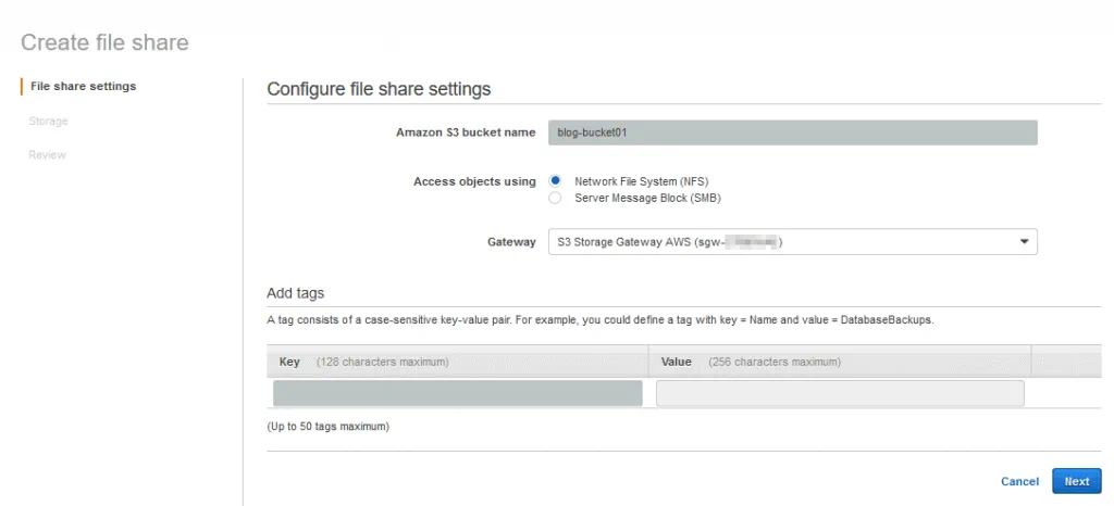 Entering the name of the needed bucket to which you want to connect by using the NFS share