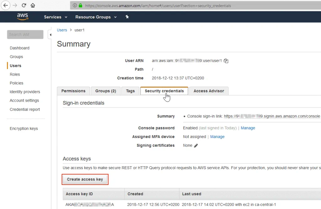 Generating access keys for Amazon S3 cloud storage