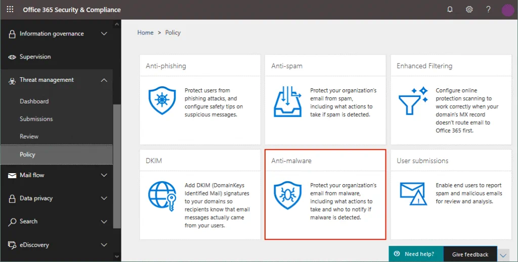 Malware protection center Office 365