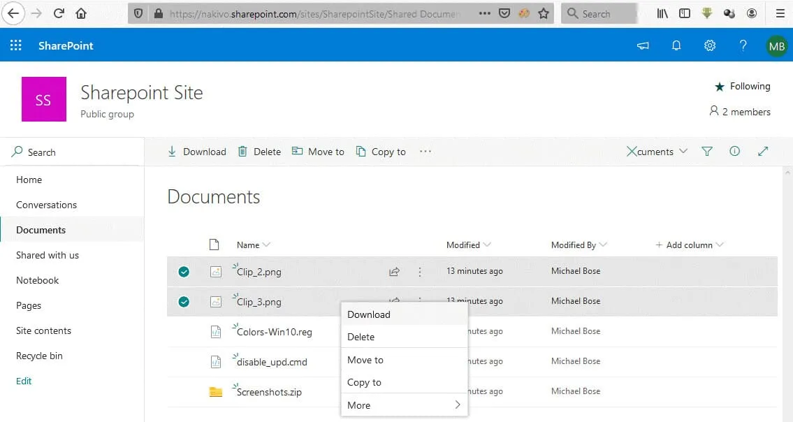 Office 365 SharePoint backup – downloading files manually in a web interface