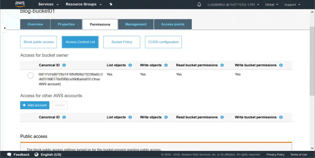 S3 storage AWS - permissions and access control lists