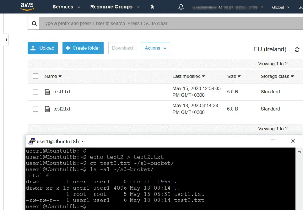 The data displayed in the web interface of AWS is synchronized after copying files in the Linux console