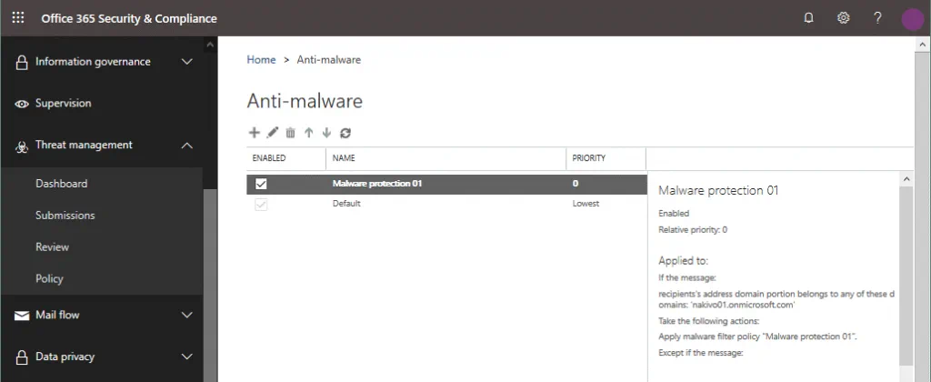 The list of anti-malware policies in Office 365