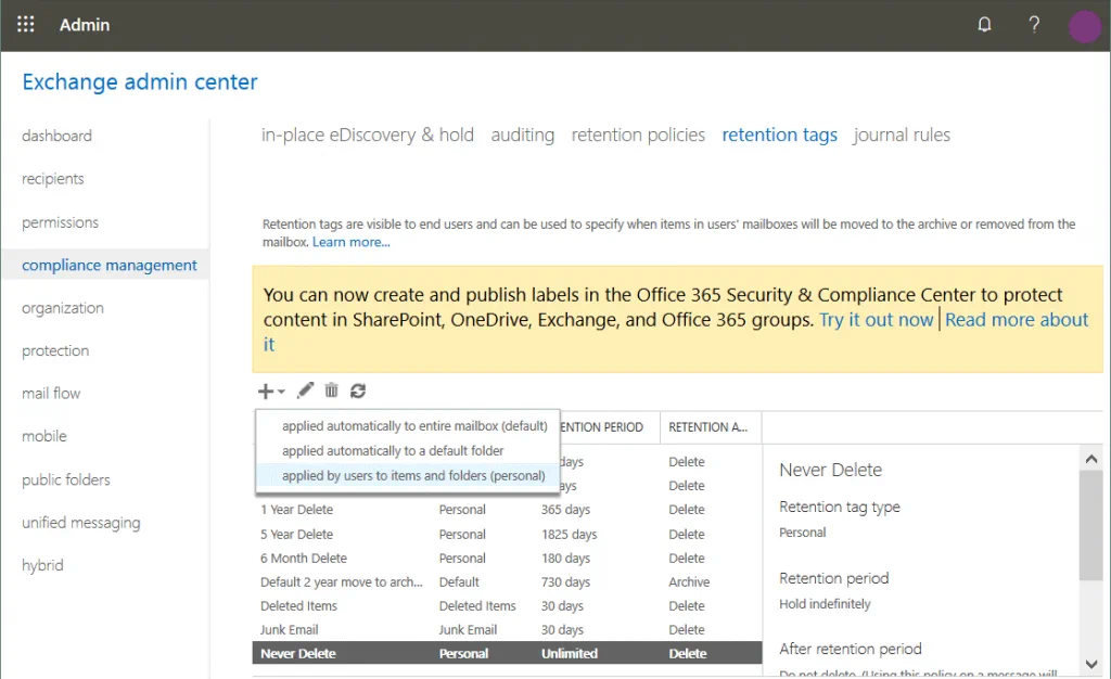 Creating-custom-retention-tags-for-the-Office-365-backup-policy
