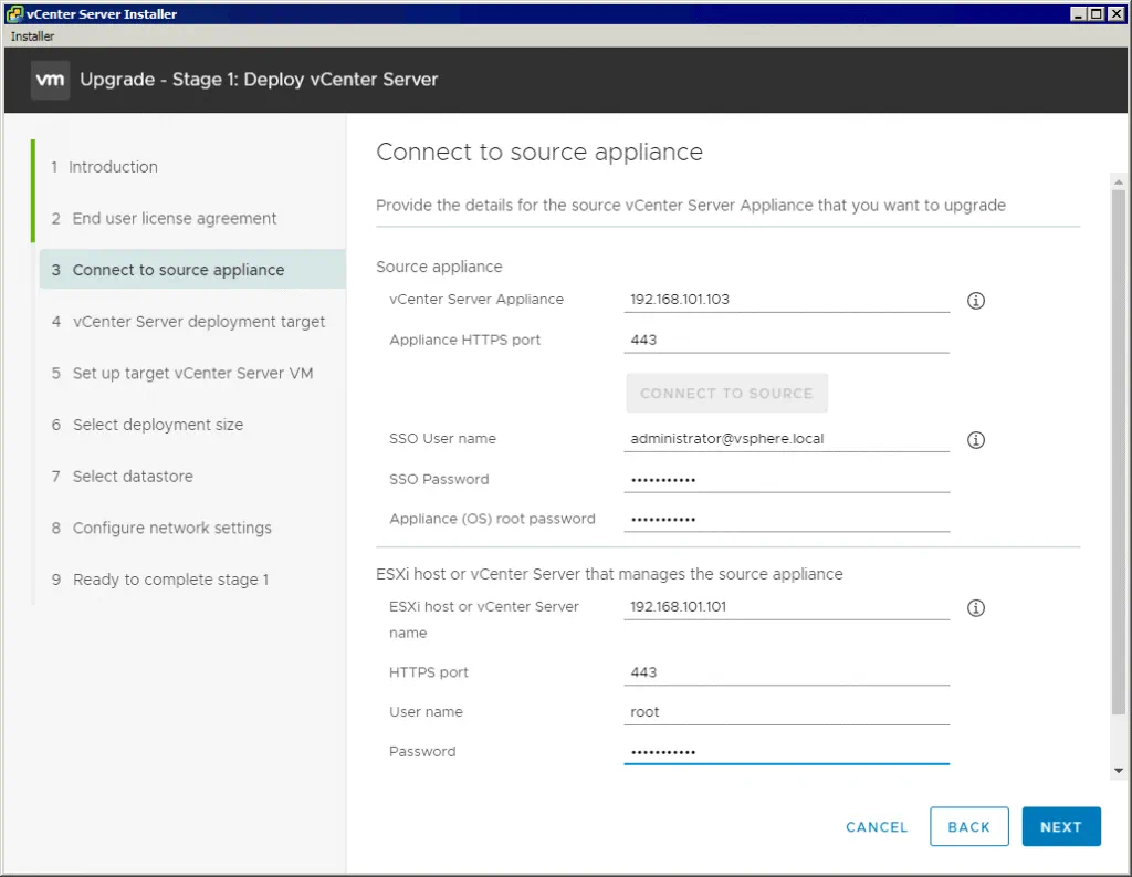 Entering-credentials-of-existing-vSphere-components-for-performing-upgrade-to-vCenter-7